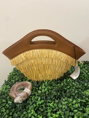 Olga Berg Brown and Gold Fringe Tote with Cutout Handle